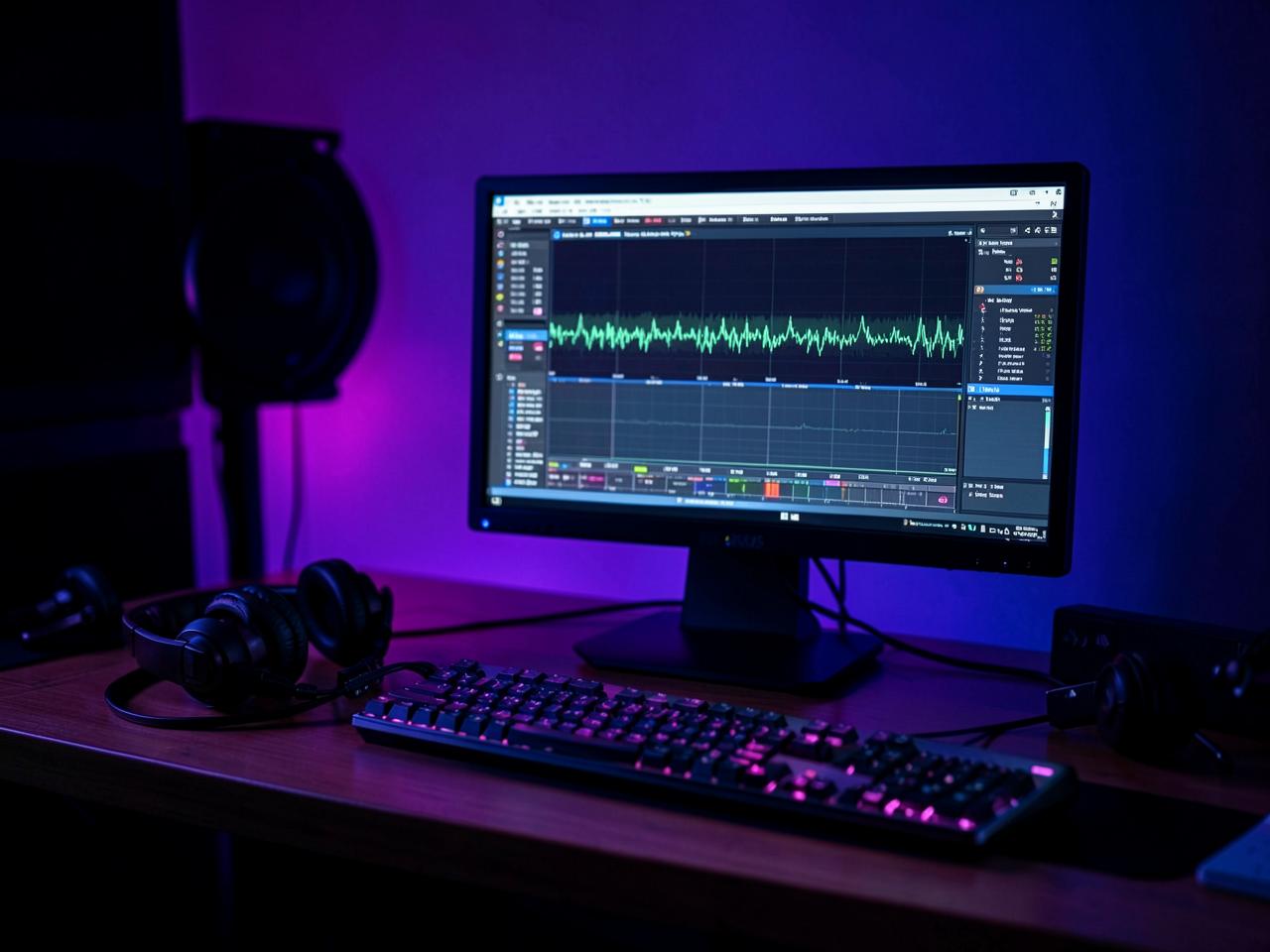 Signature AI Song — Studio monitor showing an audio session with waveforms and headphones