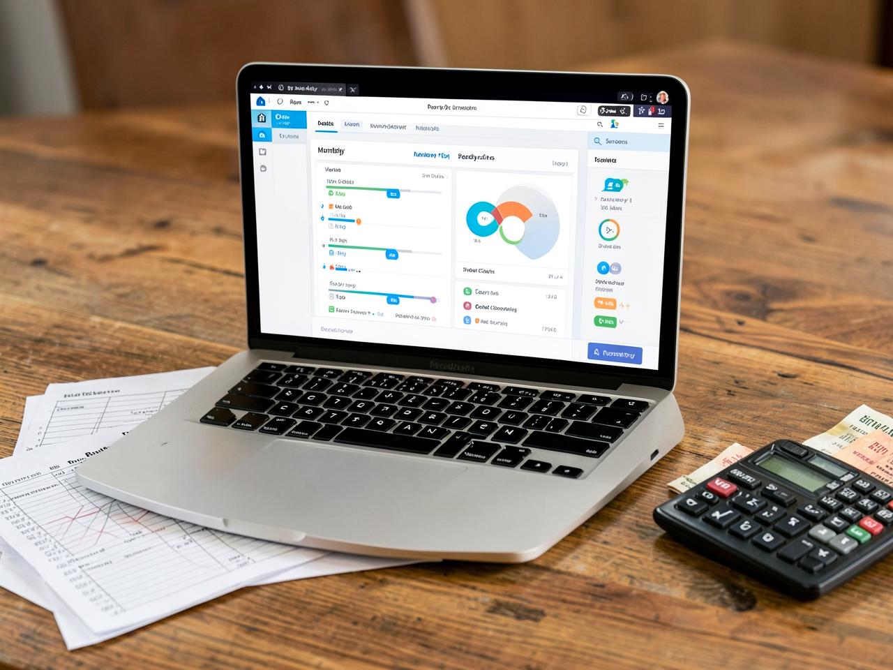 Budget & Expense Tracker — Budget dashboard on a laptop with printed budget sheets and a calculator