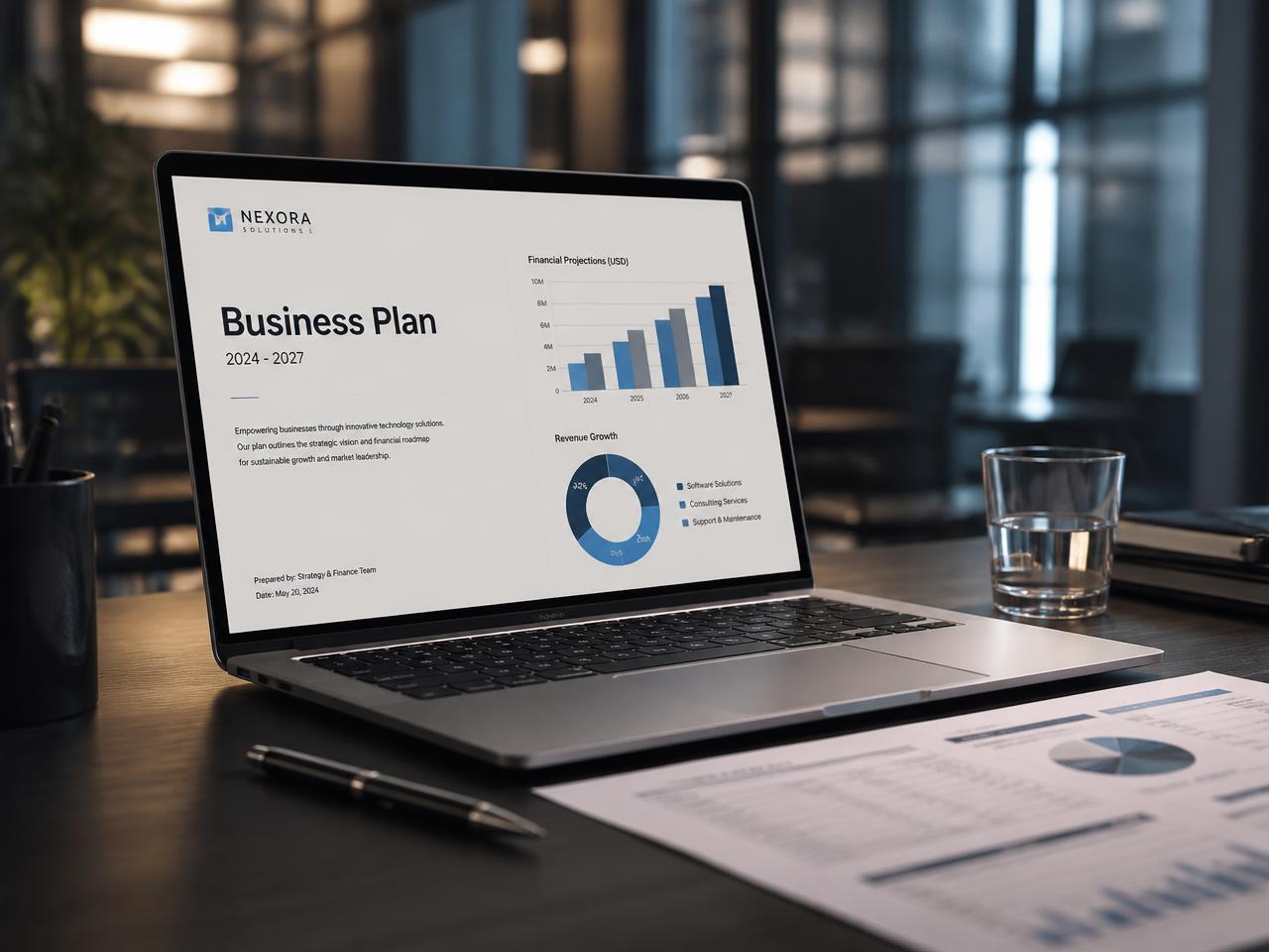 AI Business Plan Studio — Business plan document with charts displayed on a laptop in an office