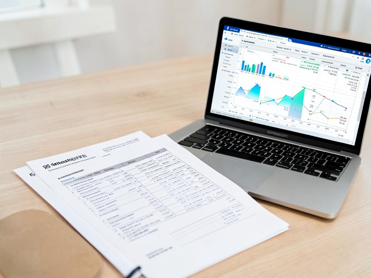 Business Plan Template Suite — Business plan document with charts displayed on a laptop in an office