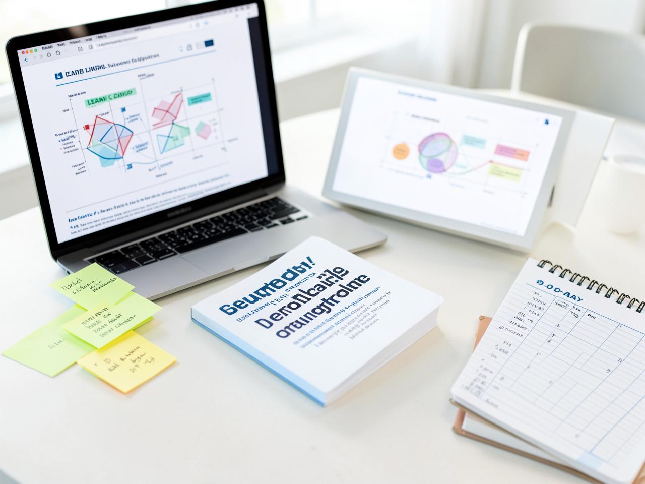 Business Startup Guide — Business plan document with charts displayed on a laptop in an office