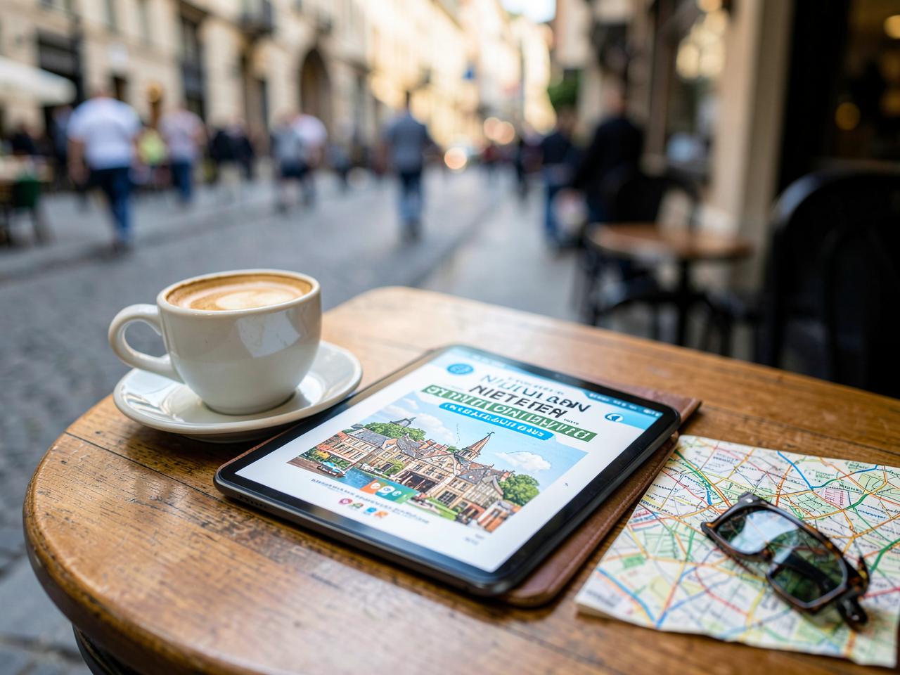 City Travel Guide Ebook — Travel guide shown on a tablet next to a printed guide, passport and map