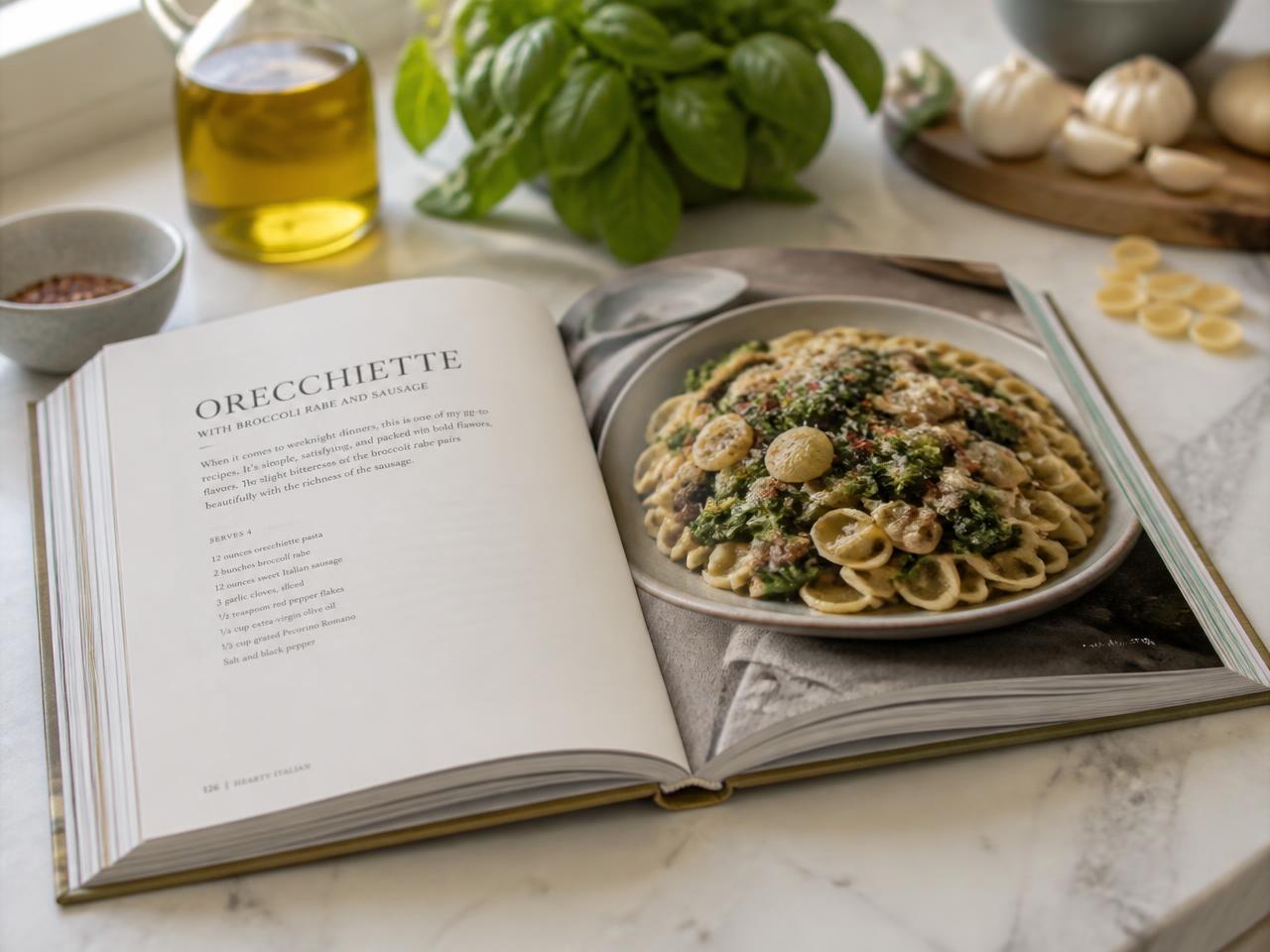 Modern Italian Cookbook — Printed cookbook open on a marble kitchen counter with fresh ingredients