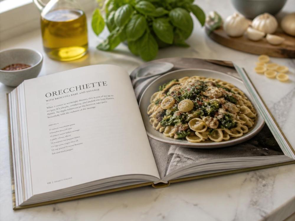Modern Italian Cookbook — Printed cookbook open on a marble kitchen counter with fresh ingredients