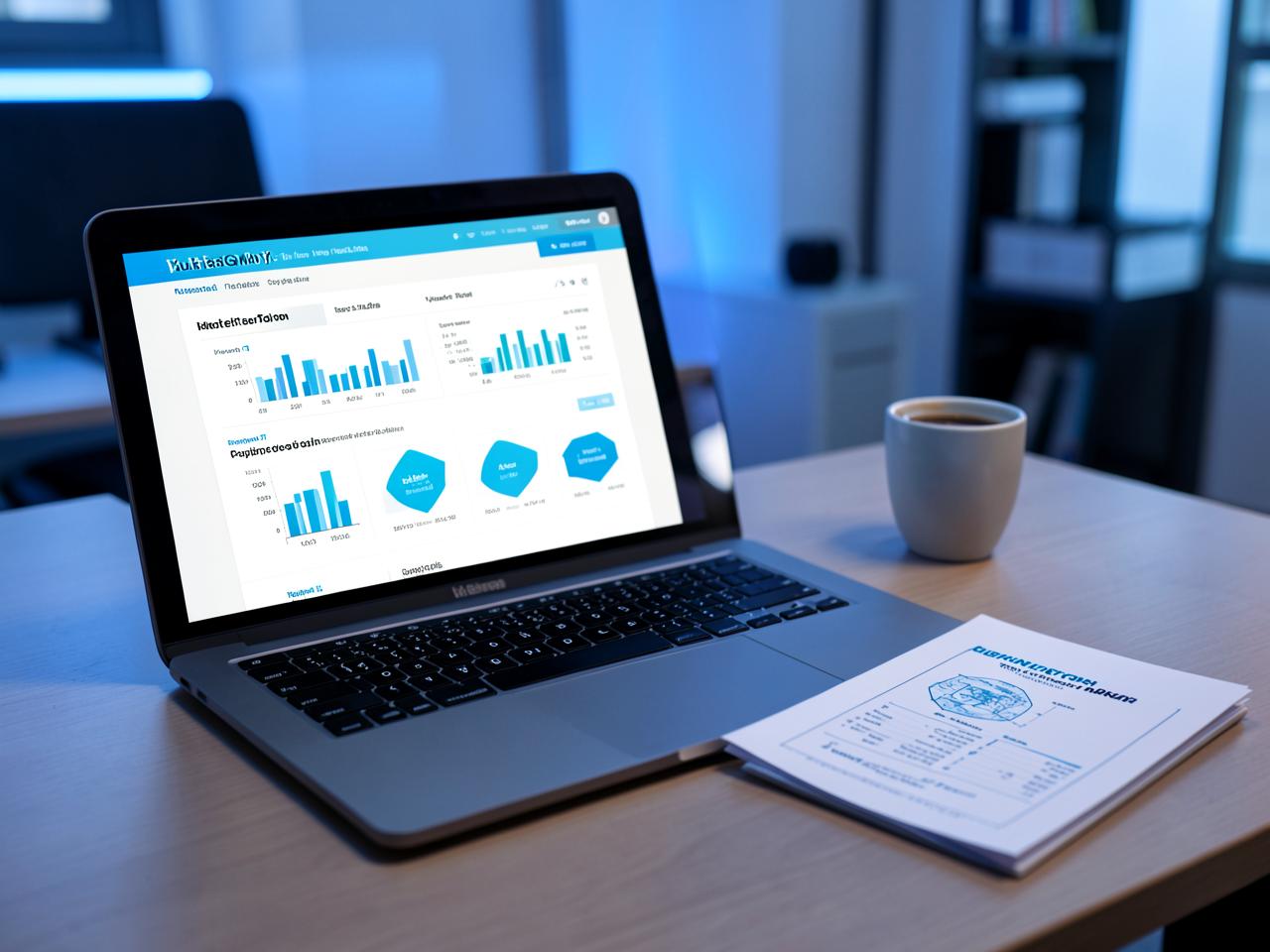 AI Business Plan Studio — Business plan document with charts displayed on a laptop in an office