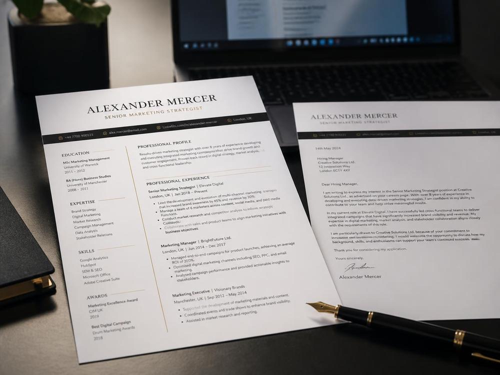 Executive CV & Cover Letter — Professionally typeset CV and cover letter printed on a desk