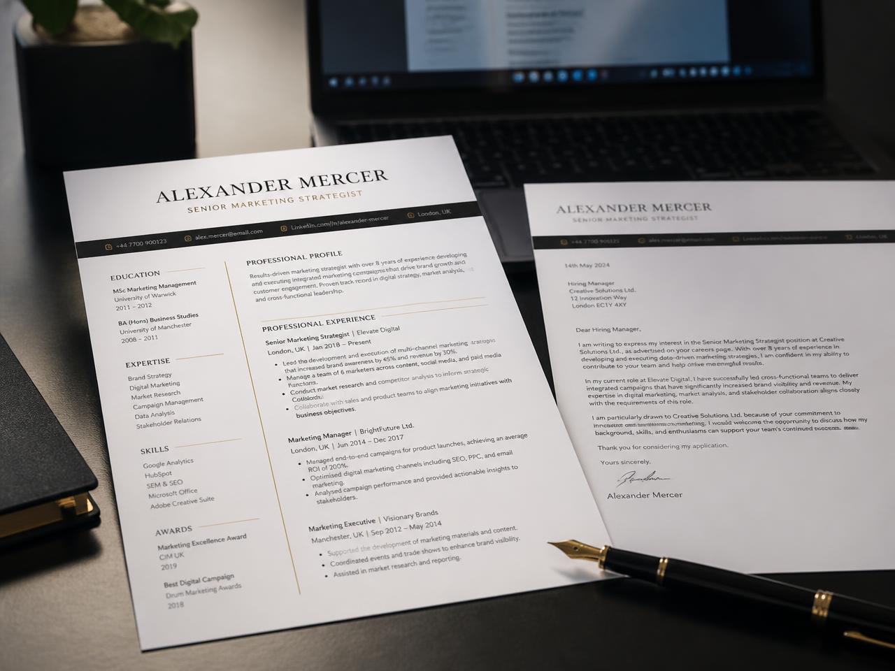 Executive CV & Cover Letter — Professionally typeset CV and cover letter printed on a desk