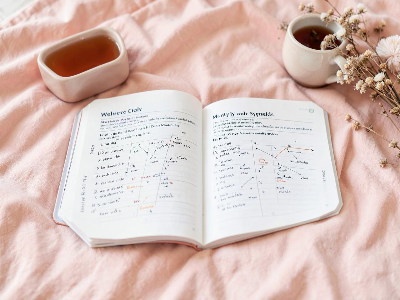 Cycle & Wellness Tracker — Guided journal open at gratitude and mood check-in pages