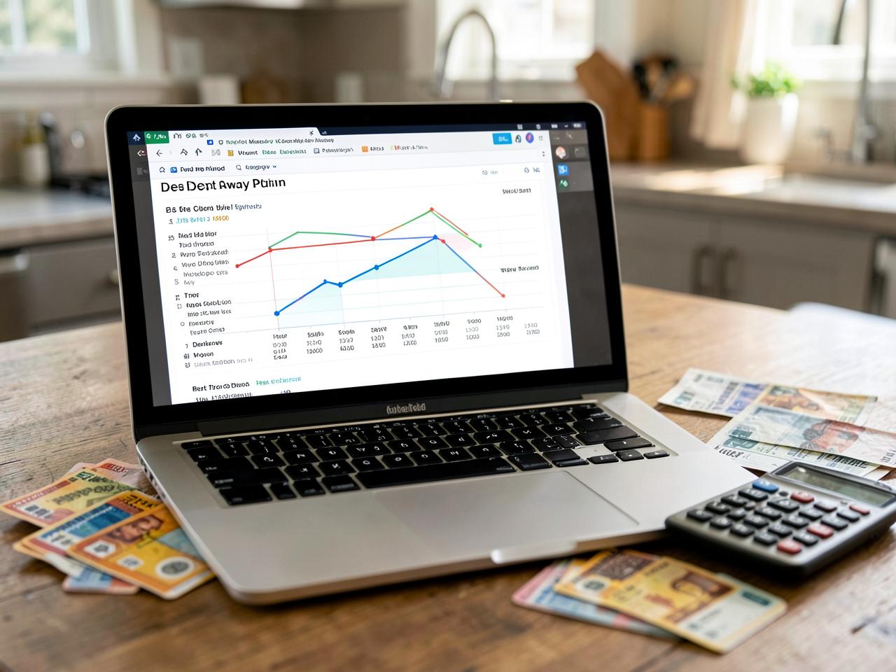 Debt Payoff Tracker (Snowball & Avalanche) — Budget dashboard on a laptop with printed budget sheets and a calculator