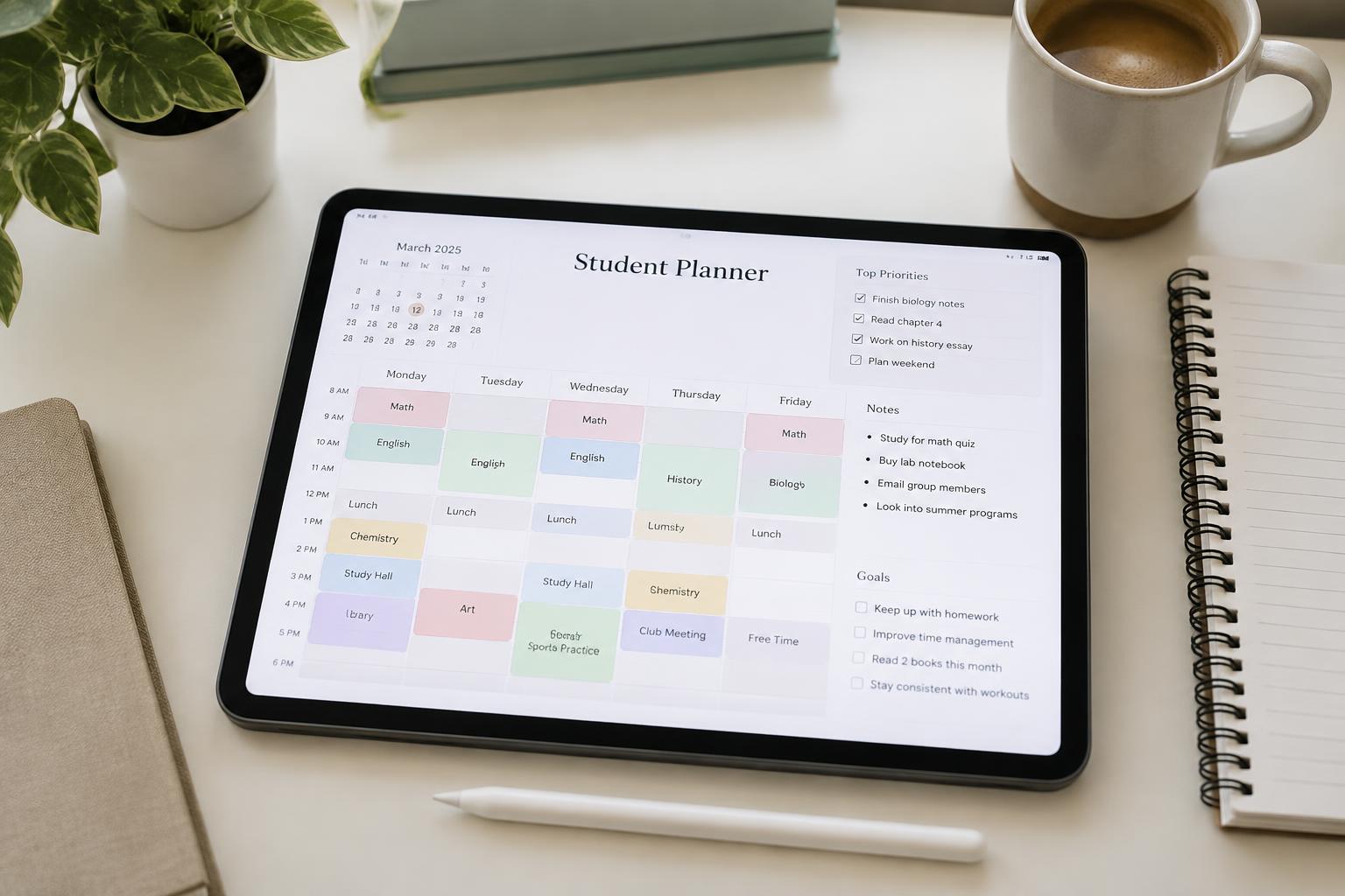 Digital Student Planner — Productivity workspace dashboard with tasks, projects and calendar on a laptop