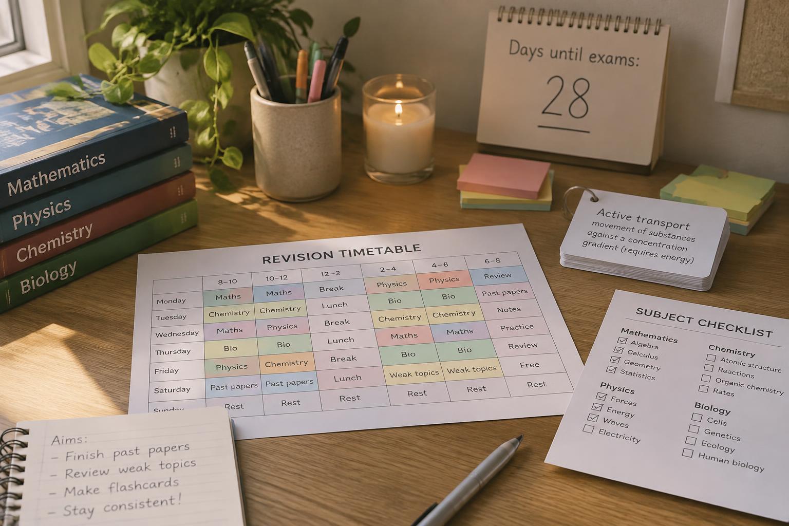 Exam & Revision Planner — Study planner and revision timetable on a desk with books and a laptop