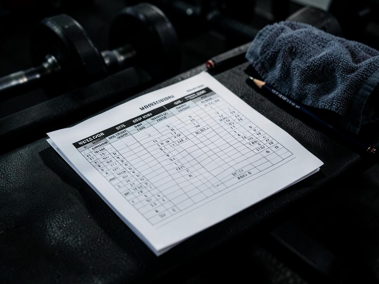 Fitness & Workout Log — Printed training program and workout log on a gym bench beside dumbbells
