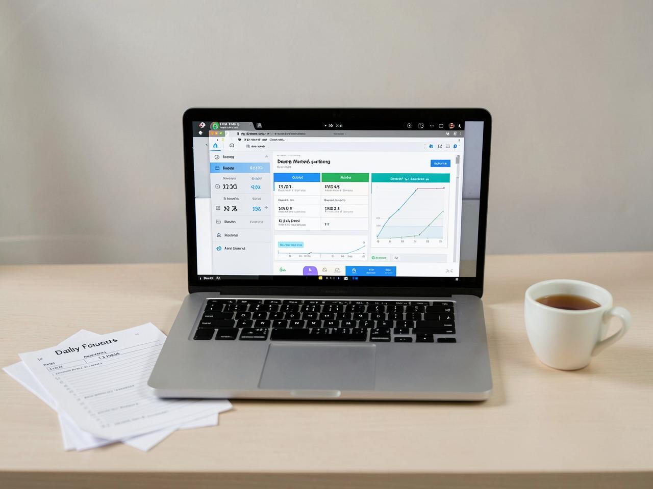 Deep Focus System — Productivity workspace dashboard with tasks, projects and calendar on a laptop