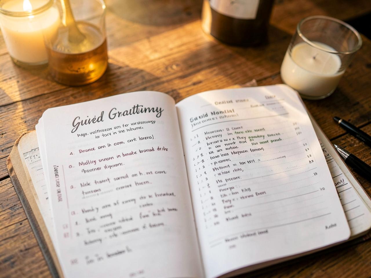 Gratitude & Mood Journal — Guided journal open at gratitude and mood check-in pages