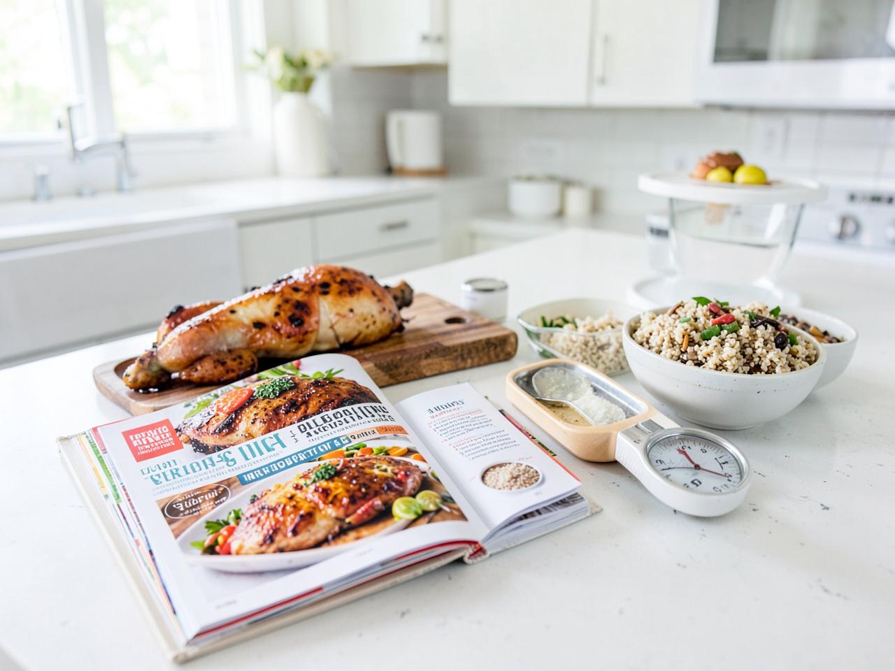 High Protein Kitchen — Printed cookbook open on a marble kitchen counter with fresh ingredients