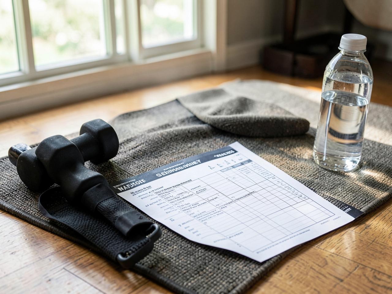 Home Strength Program — Printed training program and workout log on a gym bench beside dumbbells