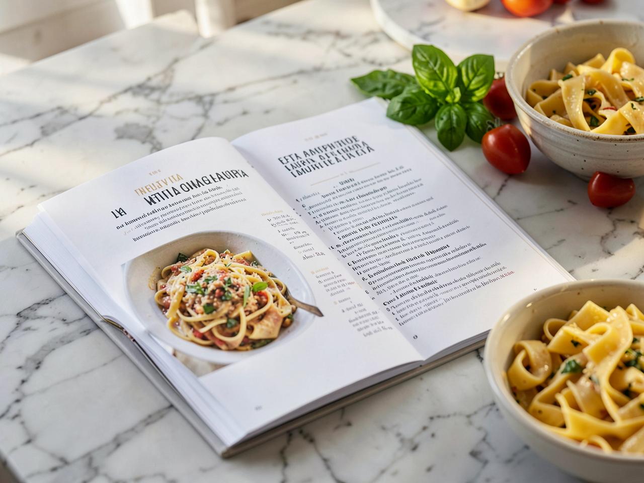 Modern Italian Cookbook — Printed cookbook open on a marble kitchen counter with fresh ingredients