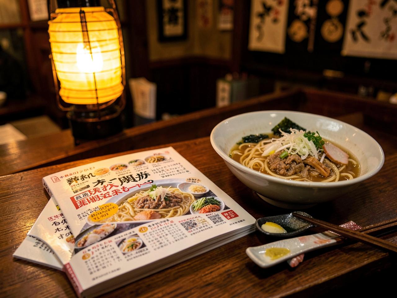 Japan Food Guide — Printed cookbook open on a marble kitchen counter with fresh ingredients