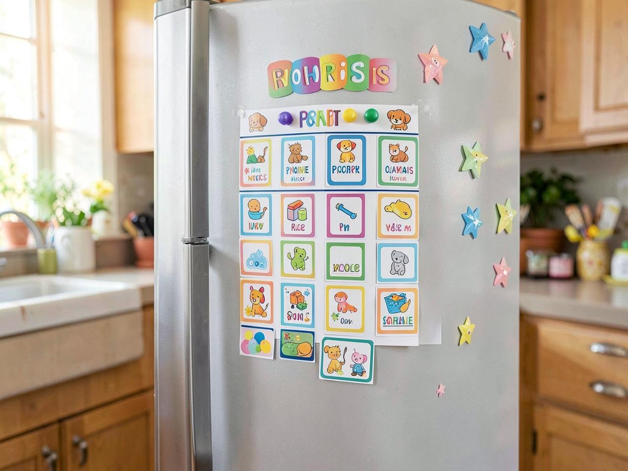 Kids' Chore Chart — Printed planner and checklist pages laid out on a desk with a pen