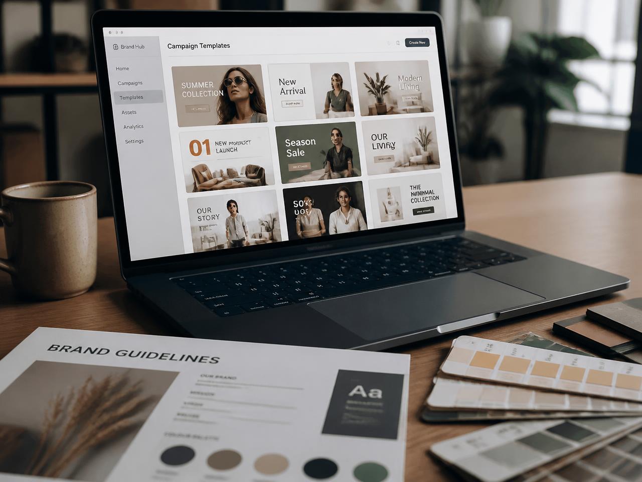 Marketing Template Vault — Marketing campaign templates on a laptop beside printed brand guidelines