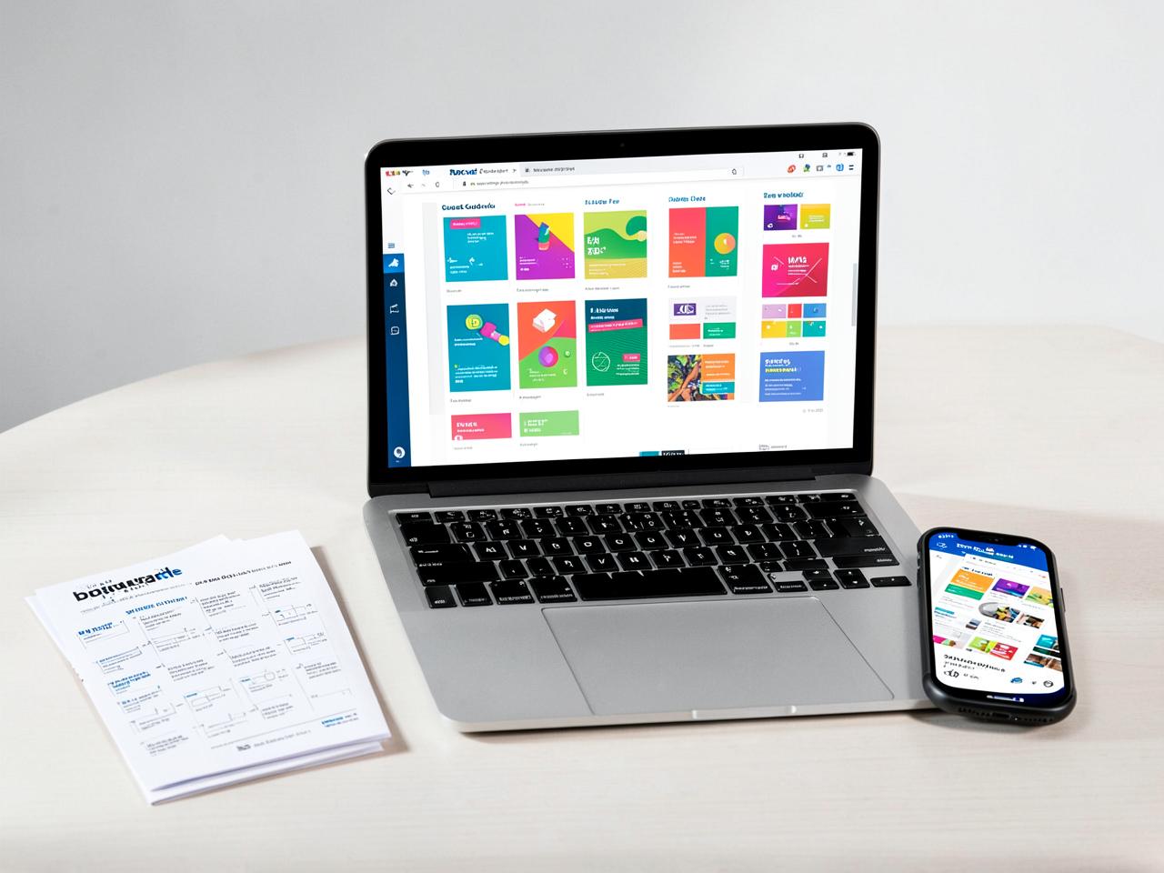 Marketing Template Vault — Marketing campaign templates on a laptop beside printed brand guidelines