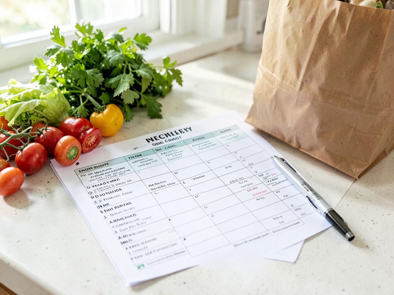 Meal Planner + Grocery List — Personalised nutrition and meal plan printed on a bright kitchen table