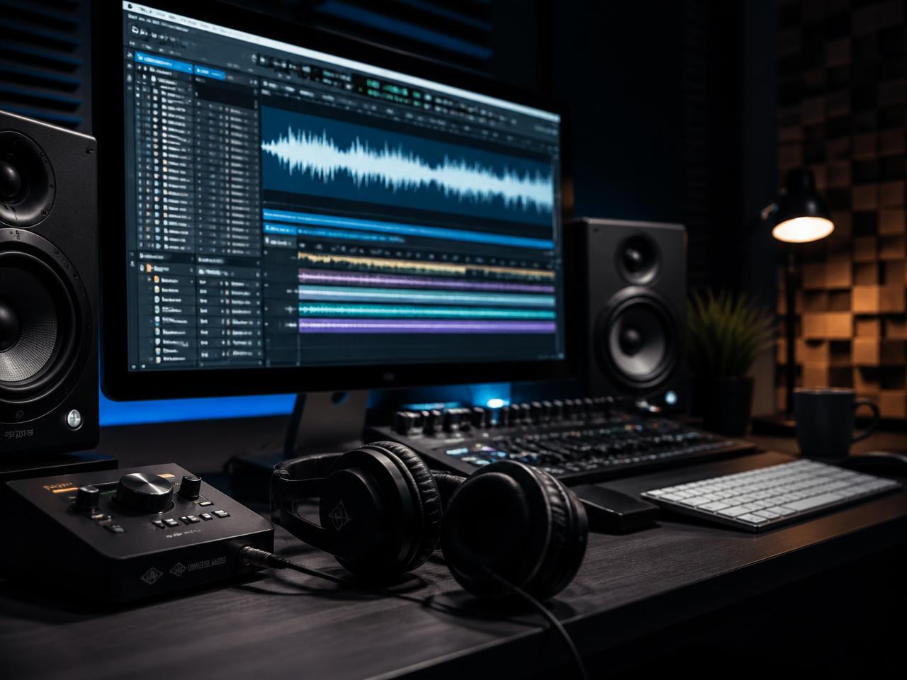 Signature AI Song — Studio monitor showing an audio session with waveforms and headphones