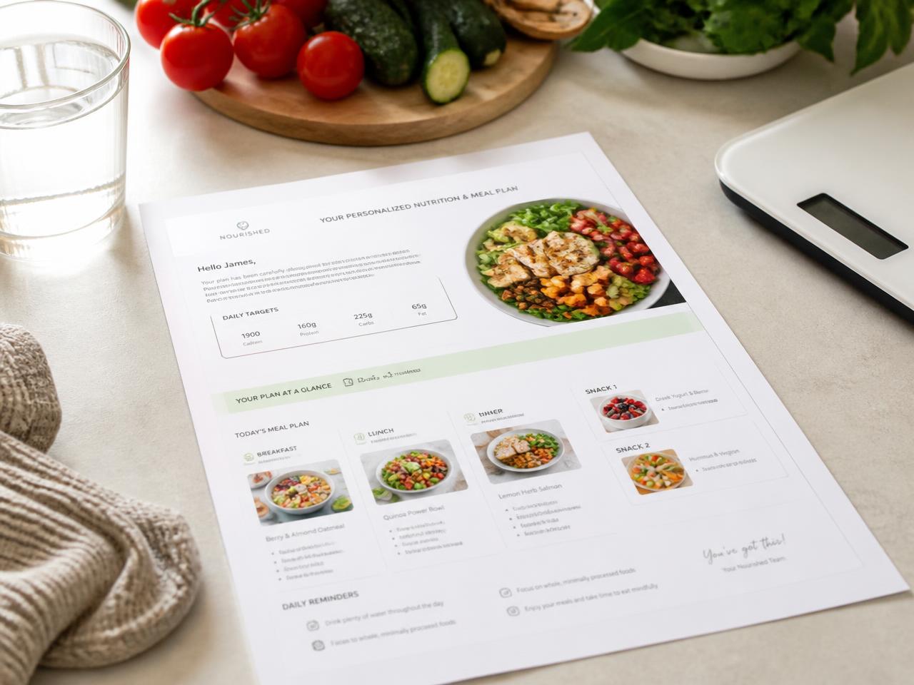 Personal Nutrition Program — Personalised nutrition and meal plan printed on a bright kitchen table