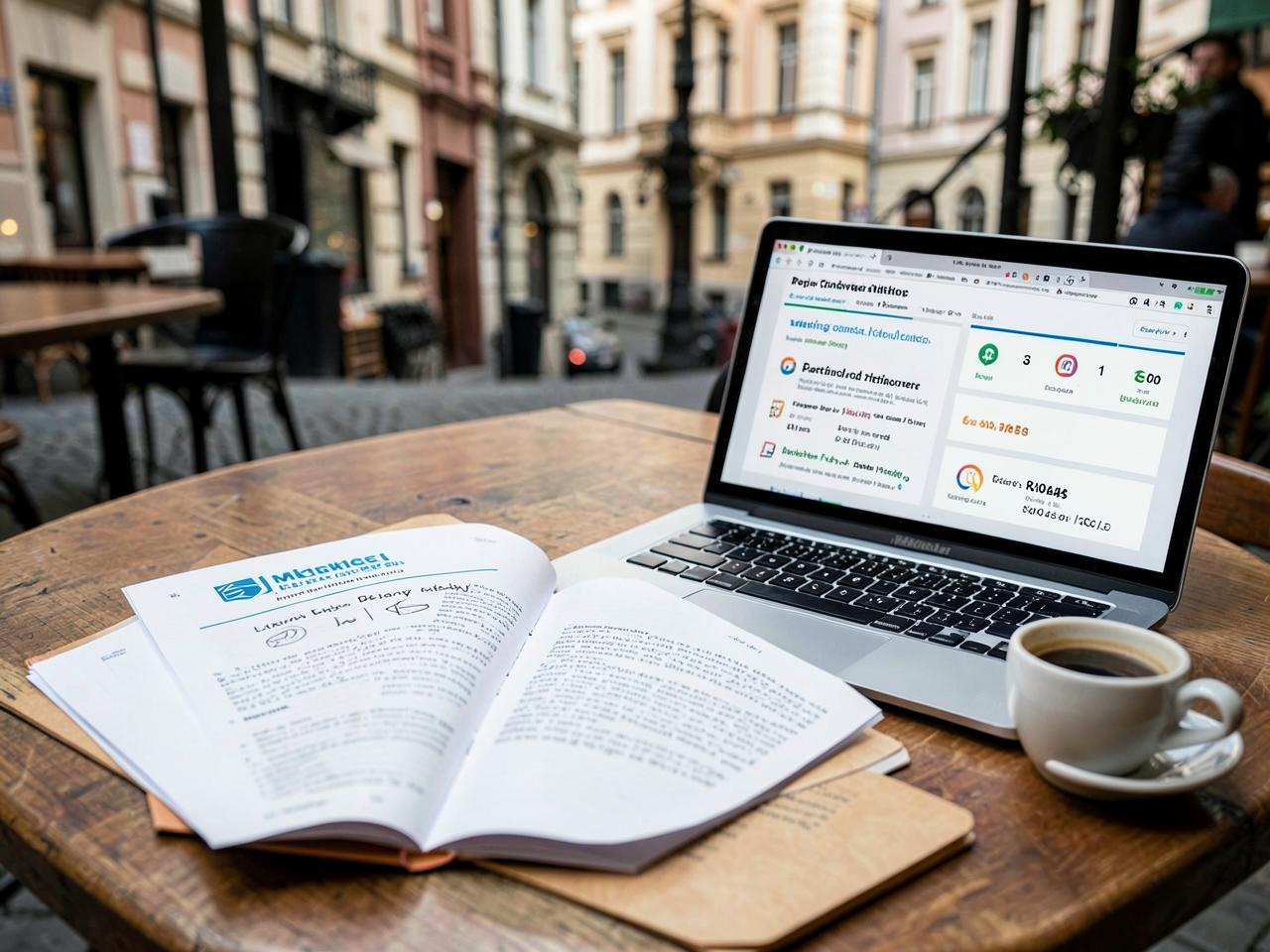 Local Business Marketing Playbook (Poland) — Marketing campaign templates on a laptop beside printed brand guidelines