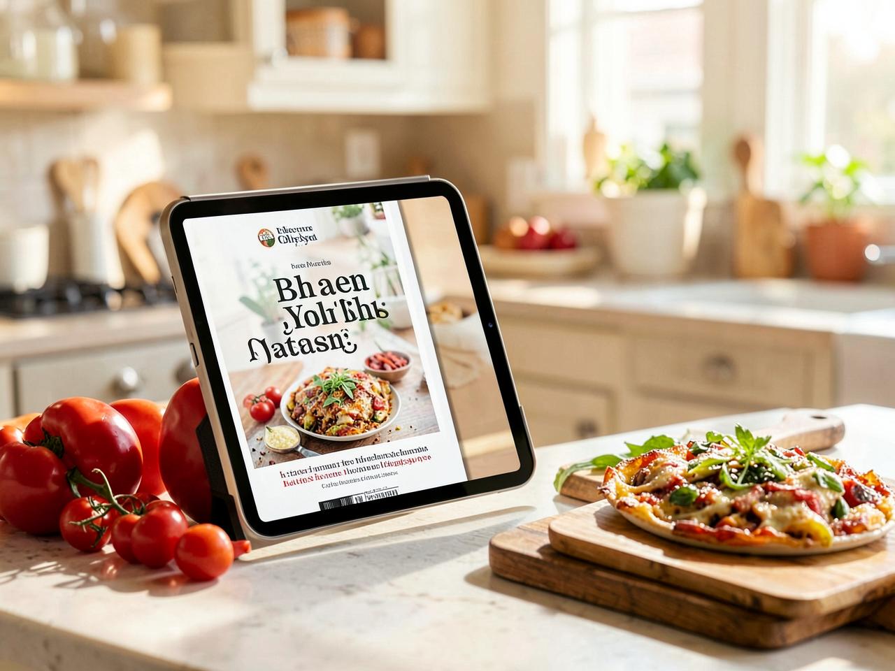 Recipe Ebook Collection — Printed cookbook open on a marble kitchen counter with fresh ingredients