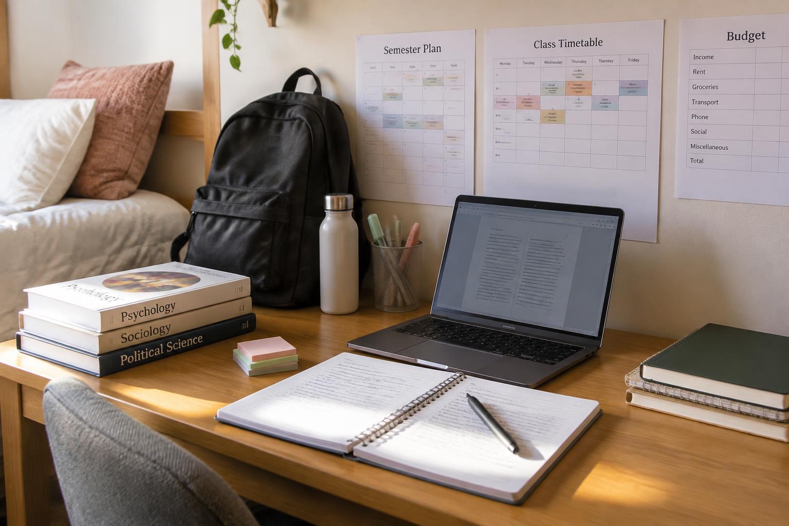 College & University Semester Survival Kit — Study planner and revision timetable on a desk with books and a laptop