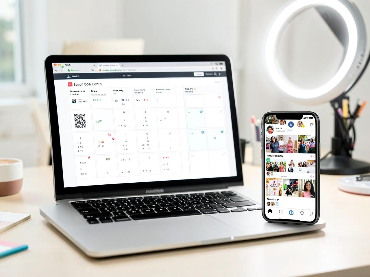 Social Media Planner — Social media content calendar on a laptop with a phone showing a feed grid