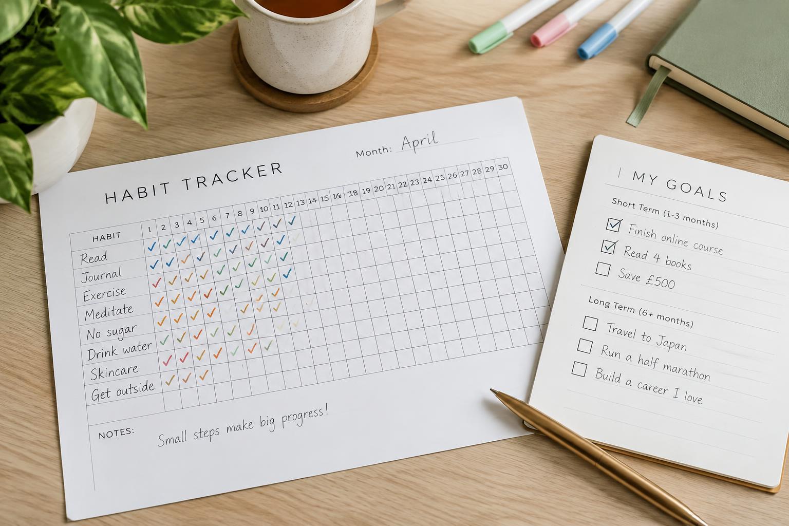 Student Goal & Habit Tracker — Spreadsheet tracker dashboard with charts on a desktop monitor