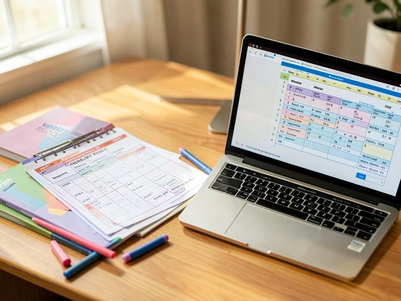 Student Study Planner — Study planner and revision timetable on a desk with books and a laptop