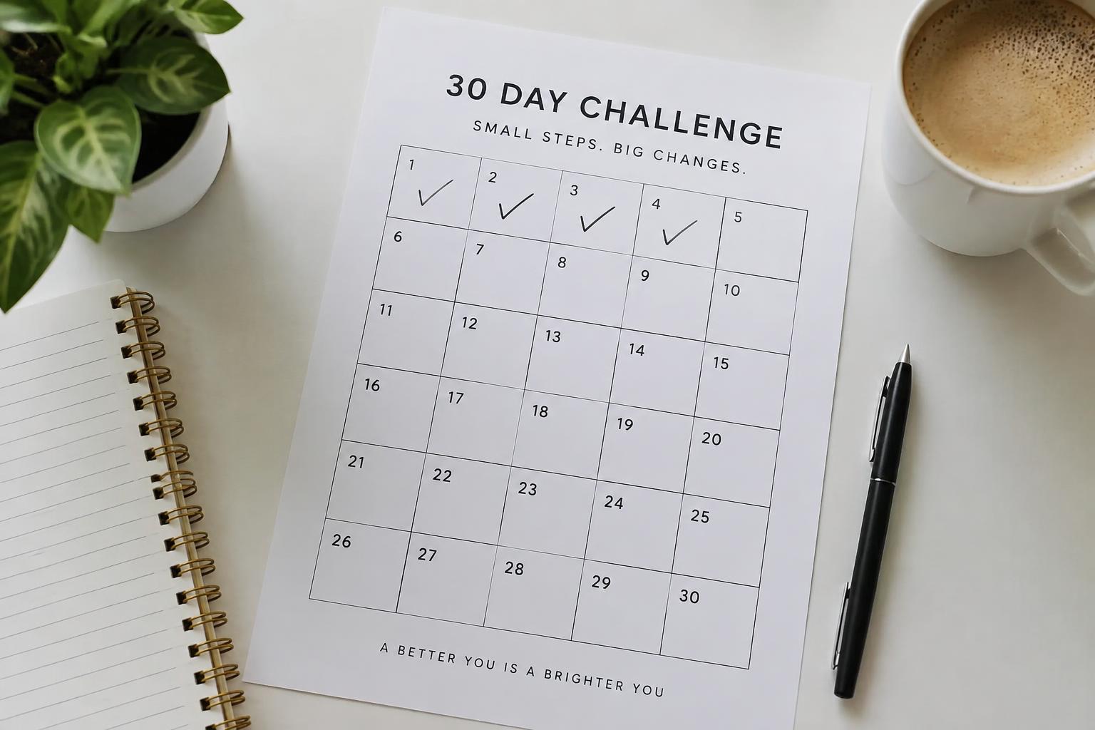30-Day Study Productivity Challenge — Printed planner and checklist pages laid out on a desk with a pen