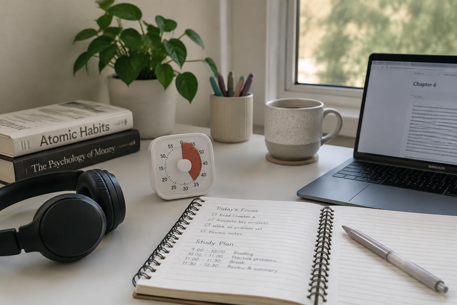 Study Session Productivity System — Study planner and revision timetable on a desk with books and a laptop