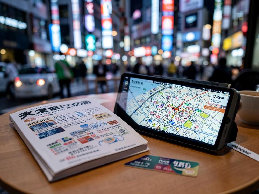 Tokyo City Guide — Travel guide shown on a tablet next to a printed guide, passport and map