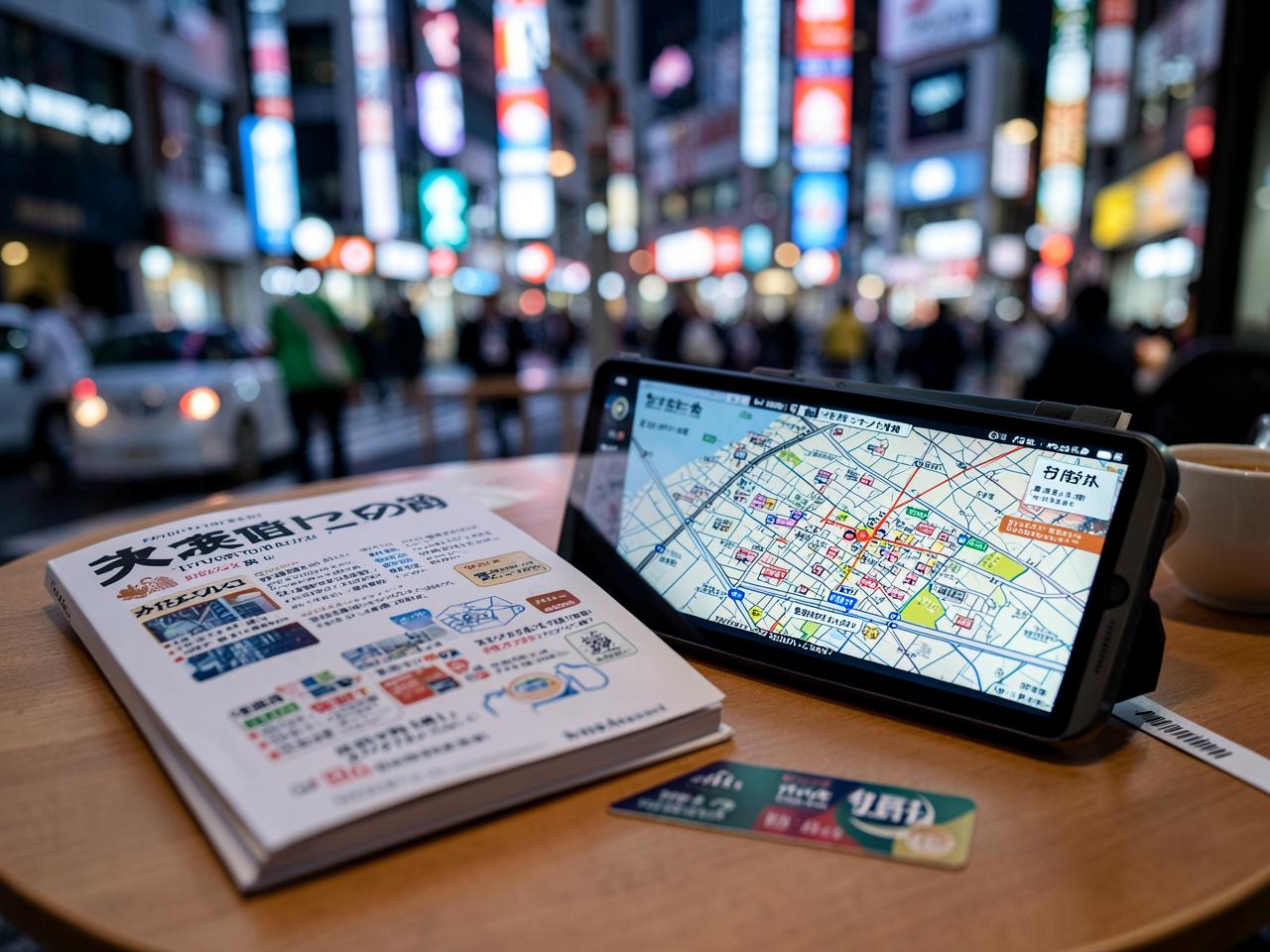 Tokyo City Guide — Travel guide shown on a tablet next to a printed guide, passport and map
