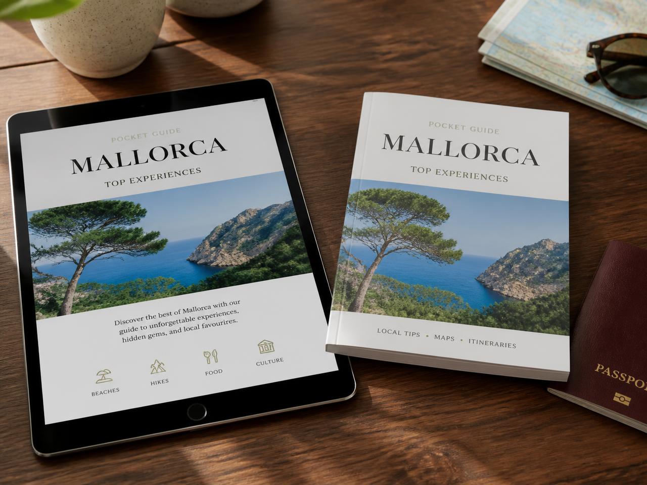 Japan Travel Guide 2026 — Travel guide shown on a tablet next to a printed guide, passport and map