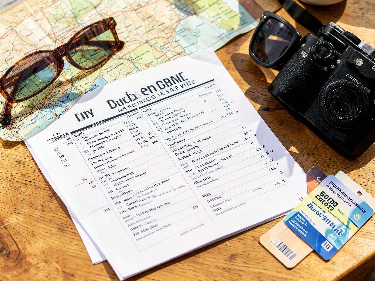 Travel Planner & Itinerary Template — Travel guide shown on a tablet next to a printed guide, passport and map