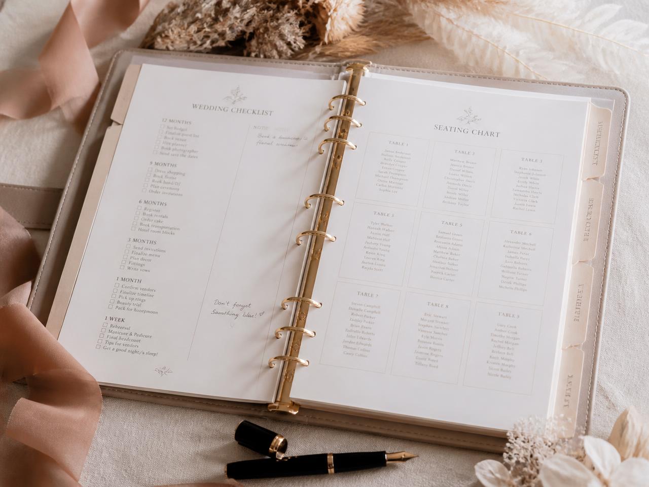 Wedding Planner System — Wedding planning binder open at a checklist and seating chart