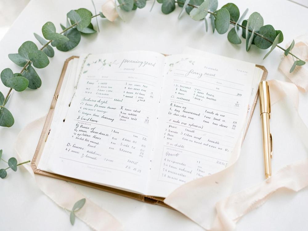 Wedding Planner System — Wedding planning binder open at a checklist and seating chart