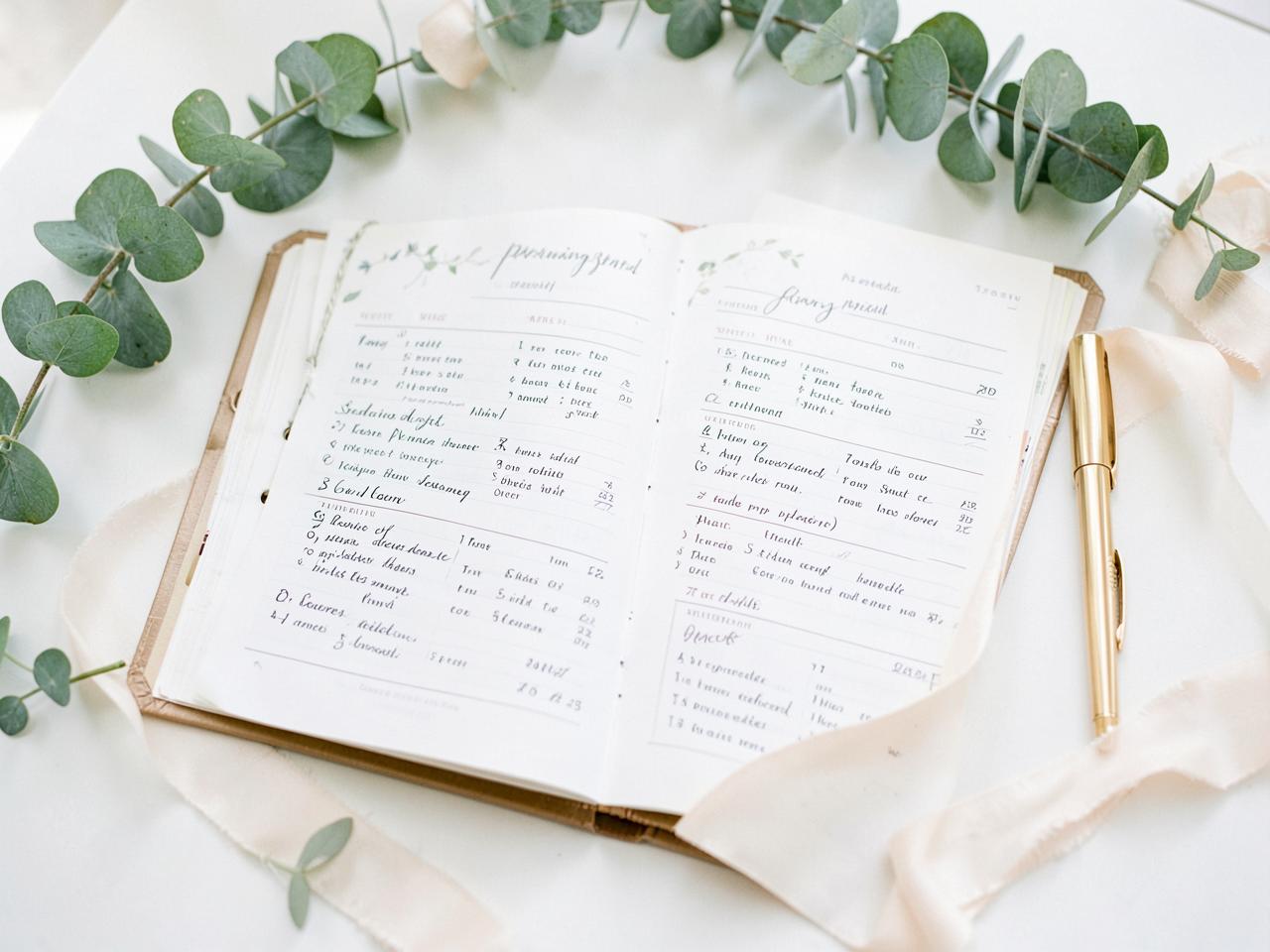 Wedding Planner System — Wedding planning binder open at a checklist and seating chart